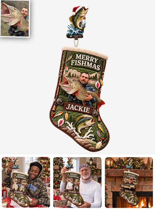 Cadeau de Noël Joyeux Fishmas pour les Amateurs de Pêche - Chaussette de Noël Personnalisée avec Support