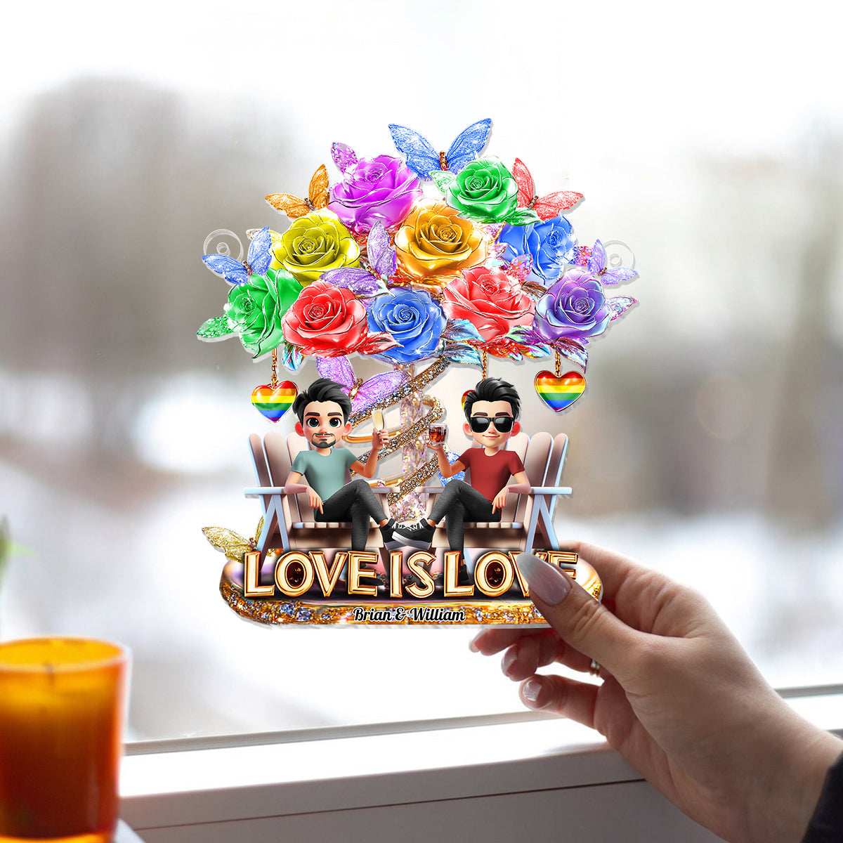 Love Is Love - Personalized LGBT Support Window Hanging Suncatcher Ornament