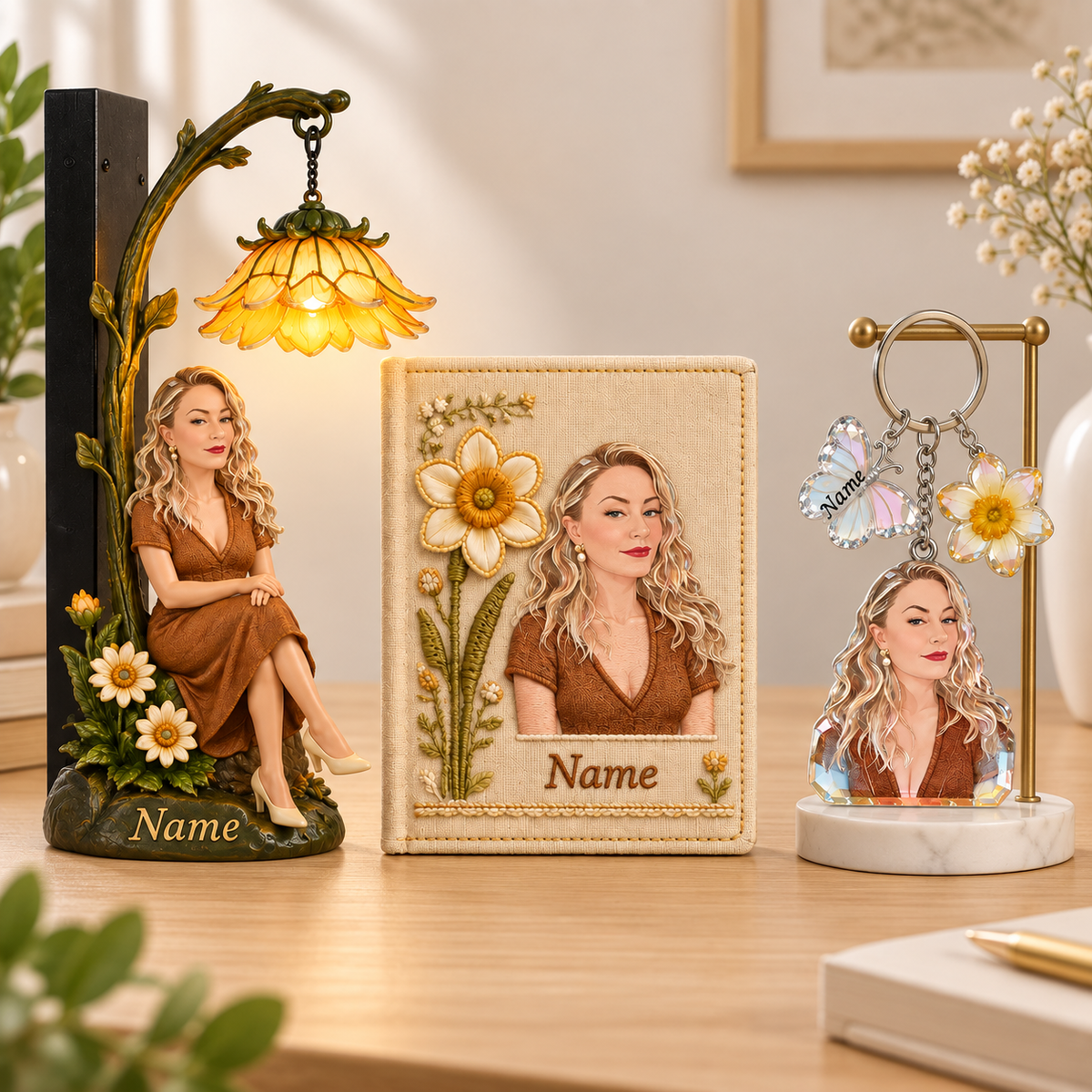Le Coffret Her Story - Lampe de bibliothèque personnalisée & Journal & Porte-clés avec charme