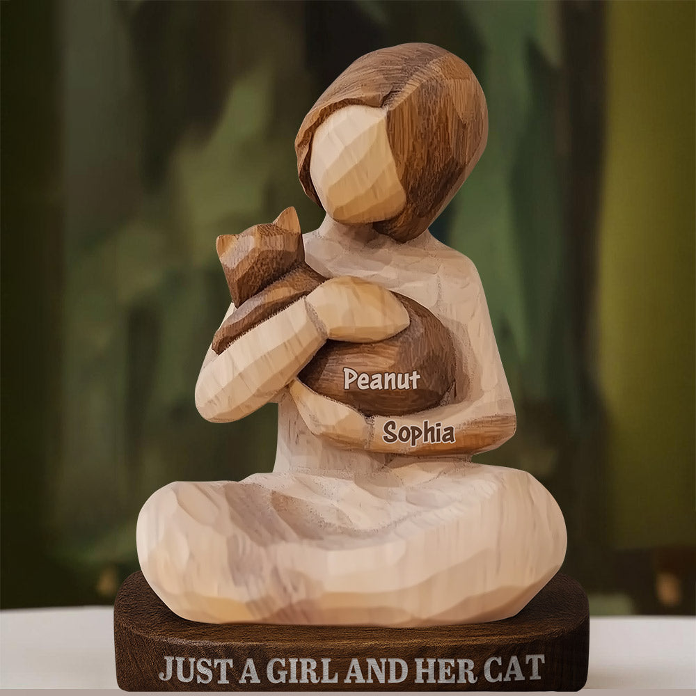Juste une fille et son chat - Plaque en bois personnalisée en forme de chat