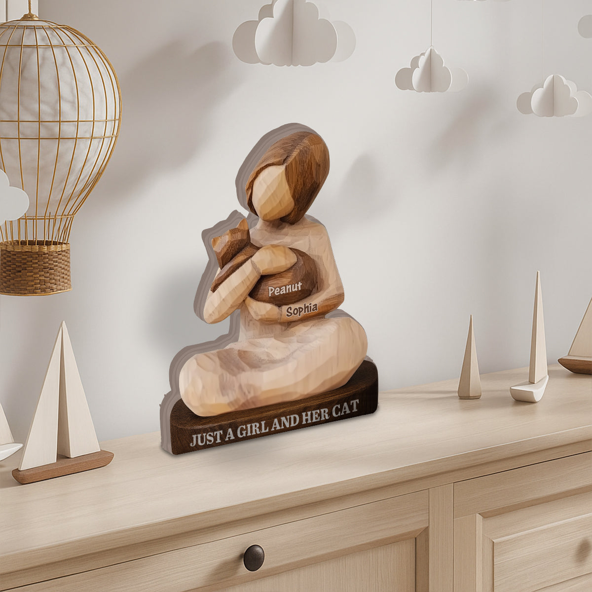 Juste une fille et son chat - Plaque en bois personnalisée en forme de chat