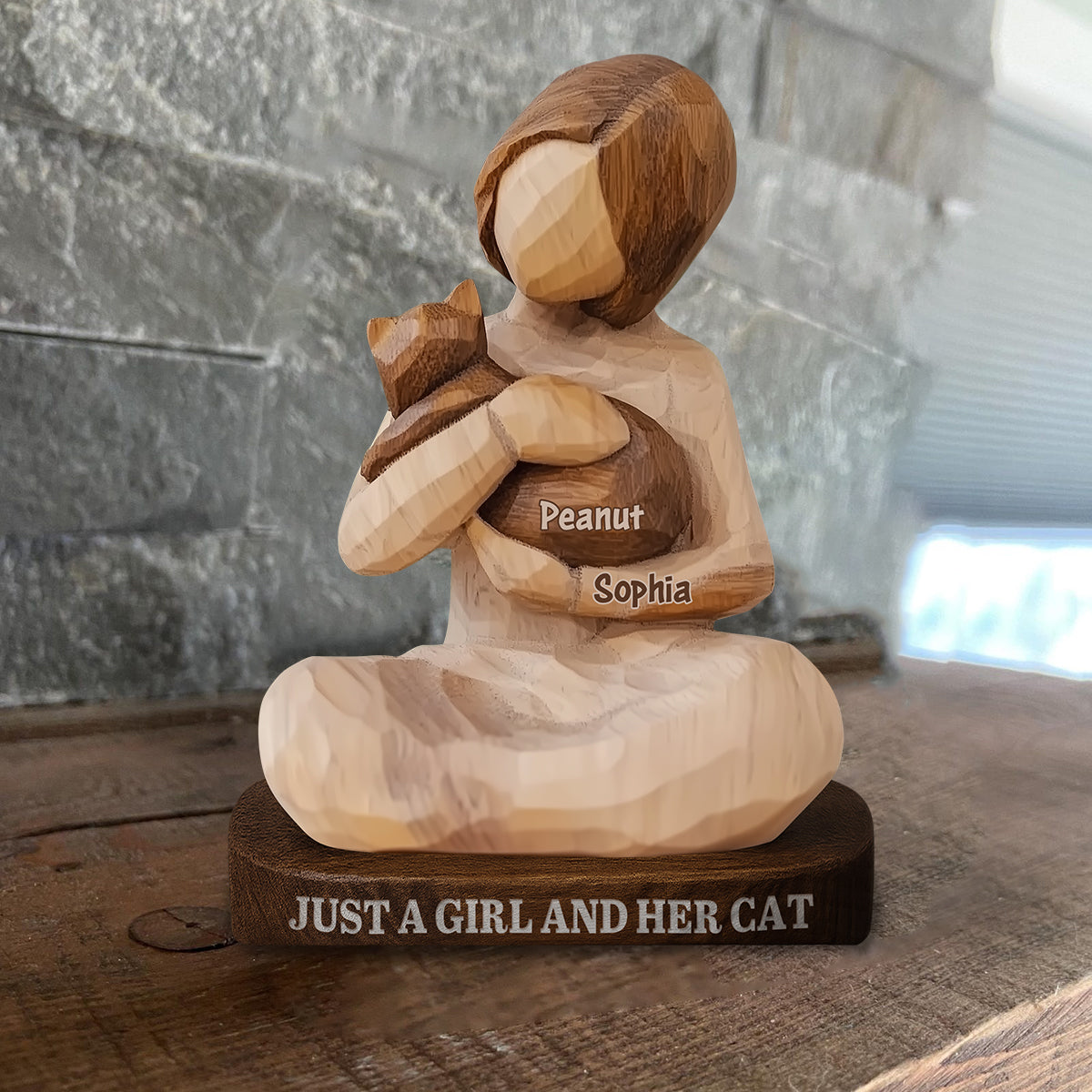 Juste une fille et son chat - Plaque en bois personnalisée en forme de chat