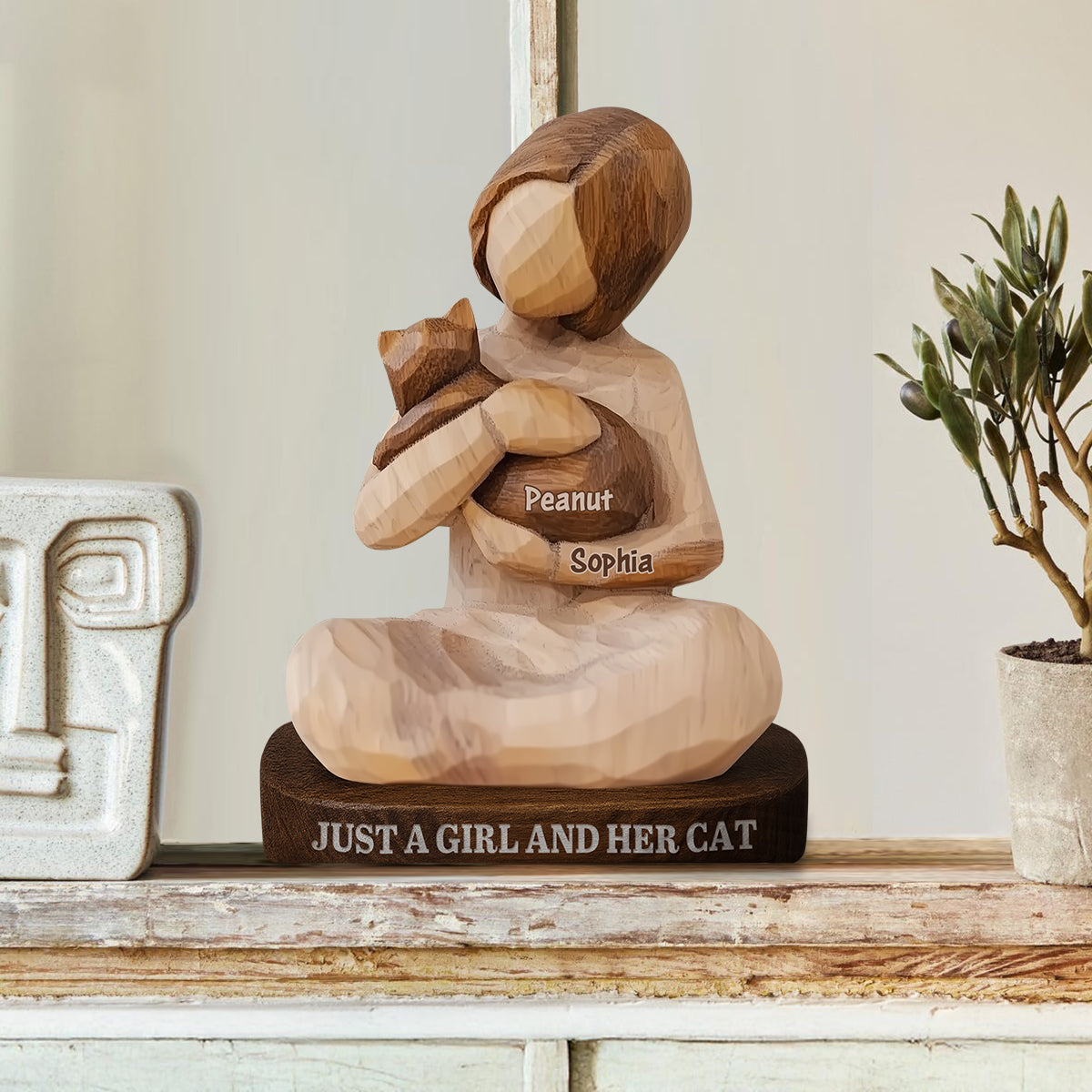Juste une fille et son chat - Plaque en bois personnalisée en forme de chat