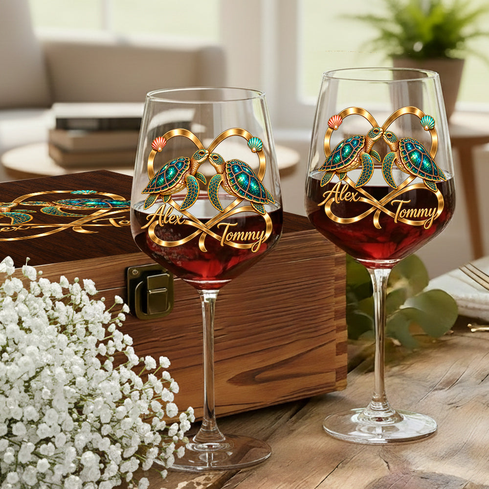 Forever Love Turtle Couple - Personalized Turtle Wine Glasses Set With Wooden Box