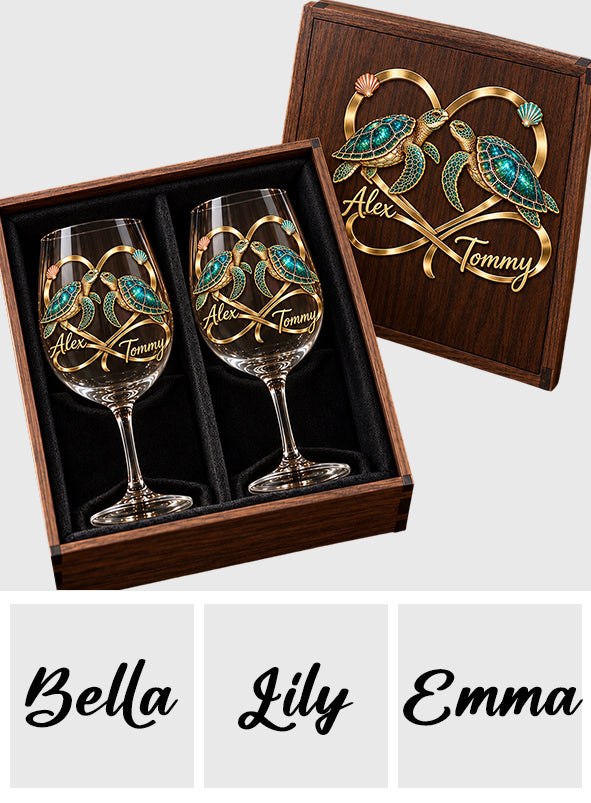 Forever Love Turtle Couple - Personalized Turtle Wine Glasses Set With Wooden Box