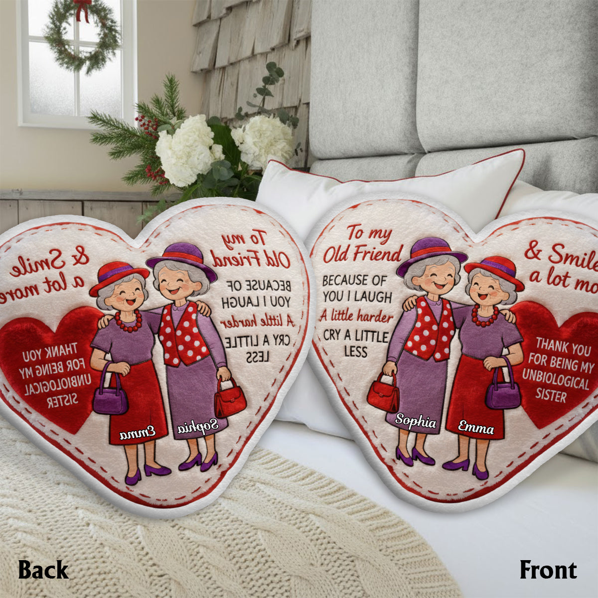 Vieux amis - Coussin personnalisé en fausse fourrure en forme de meilleure amie