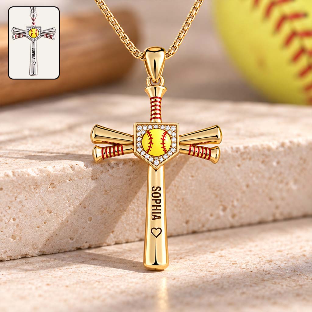Love God, Play Ball - Personalized Softball Shaped Metal Pendant Necklace