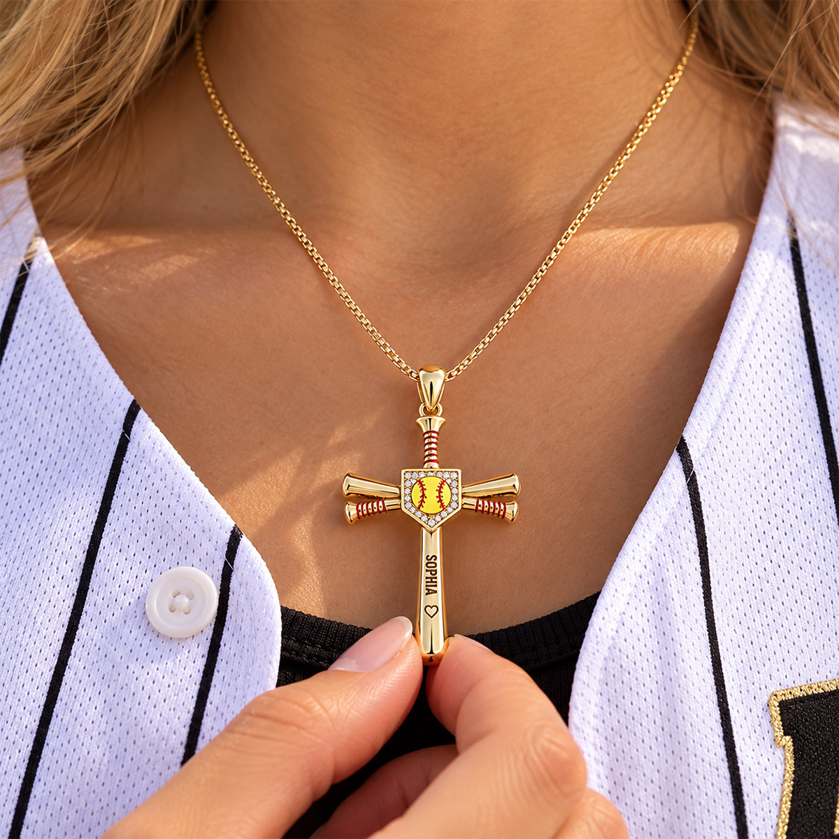 Love God, Play Ball - Personalized Softball Shaped Metal Pendant Necklace