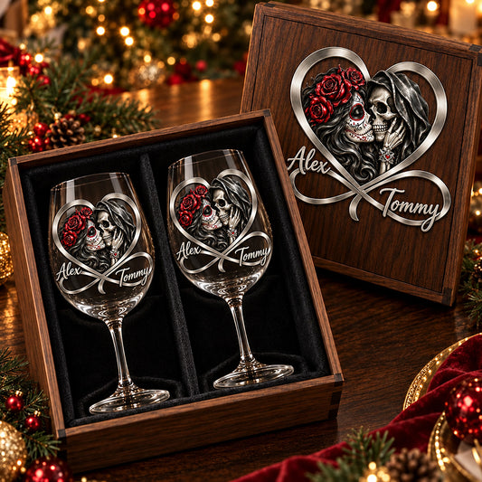 From Our First Kiss Till Our Last Breath - Personalized Skull Wine Glasses Set With Wooden Box