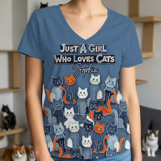 Juste une fille qui aime les chats - T-shirt à col en V entièrement imprimé avec un chat personnalisé