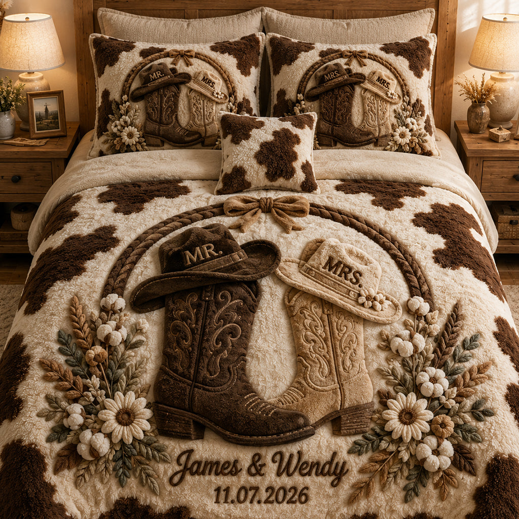 Couple Cowboy Boots And Hat - Personalized Western Outfit Bedding Set
