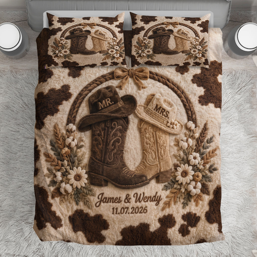 Couple Cowboy Boots And Hat - Personalized Western Outfit Bedding Set