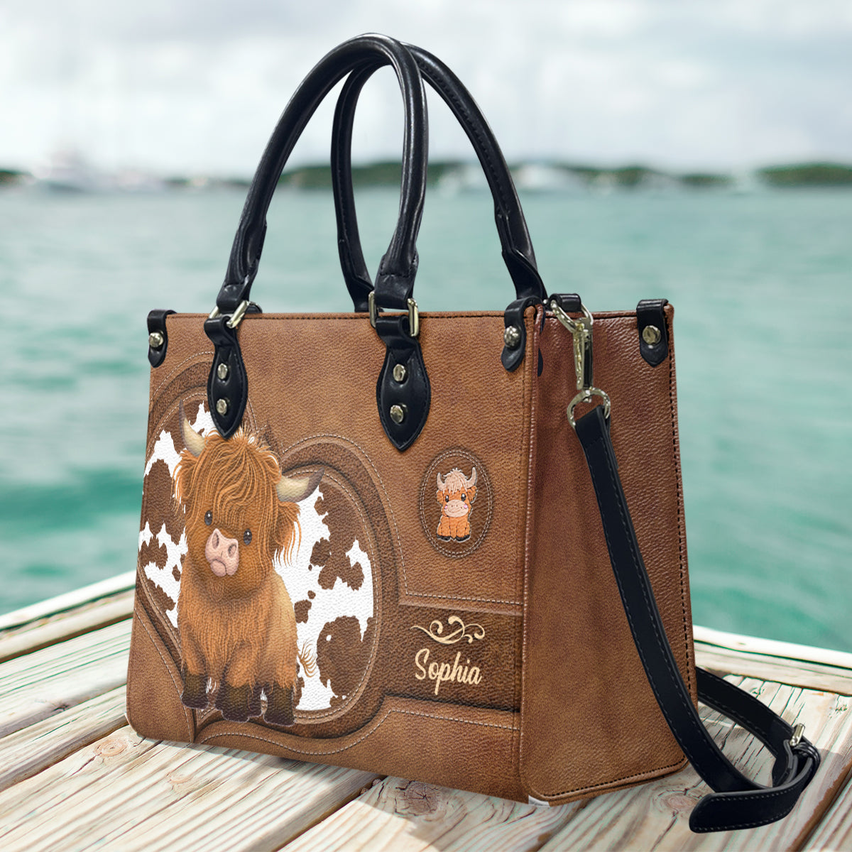 Cute Highland Cow - Personalized Highland Cow Leather Handbag