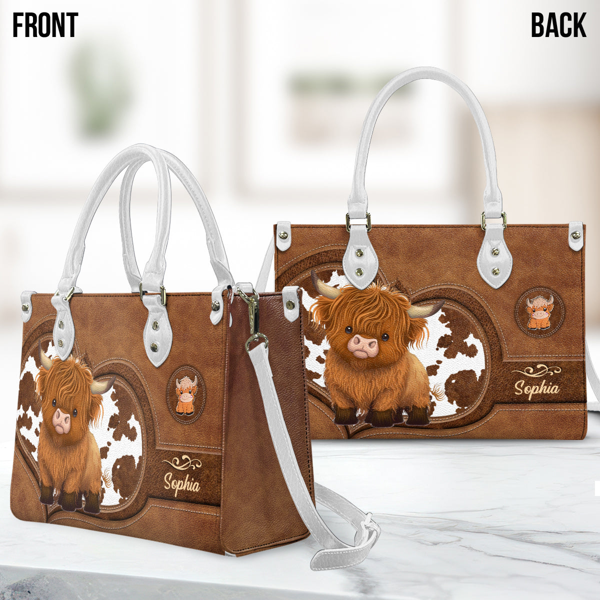 Cute Highland Cow - Personalized Highland Cow Leather Handbag