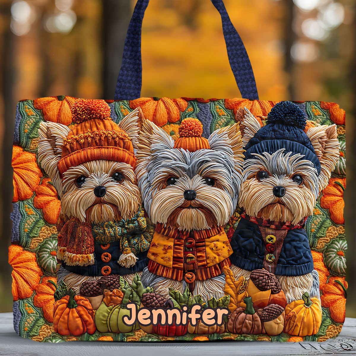 Autumn Dog - Personalized Yorkshire Terriers Quilted Tote Bag