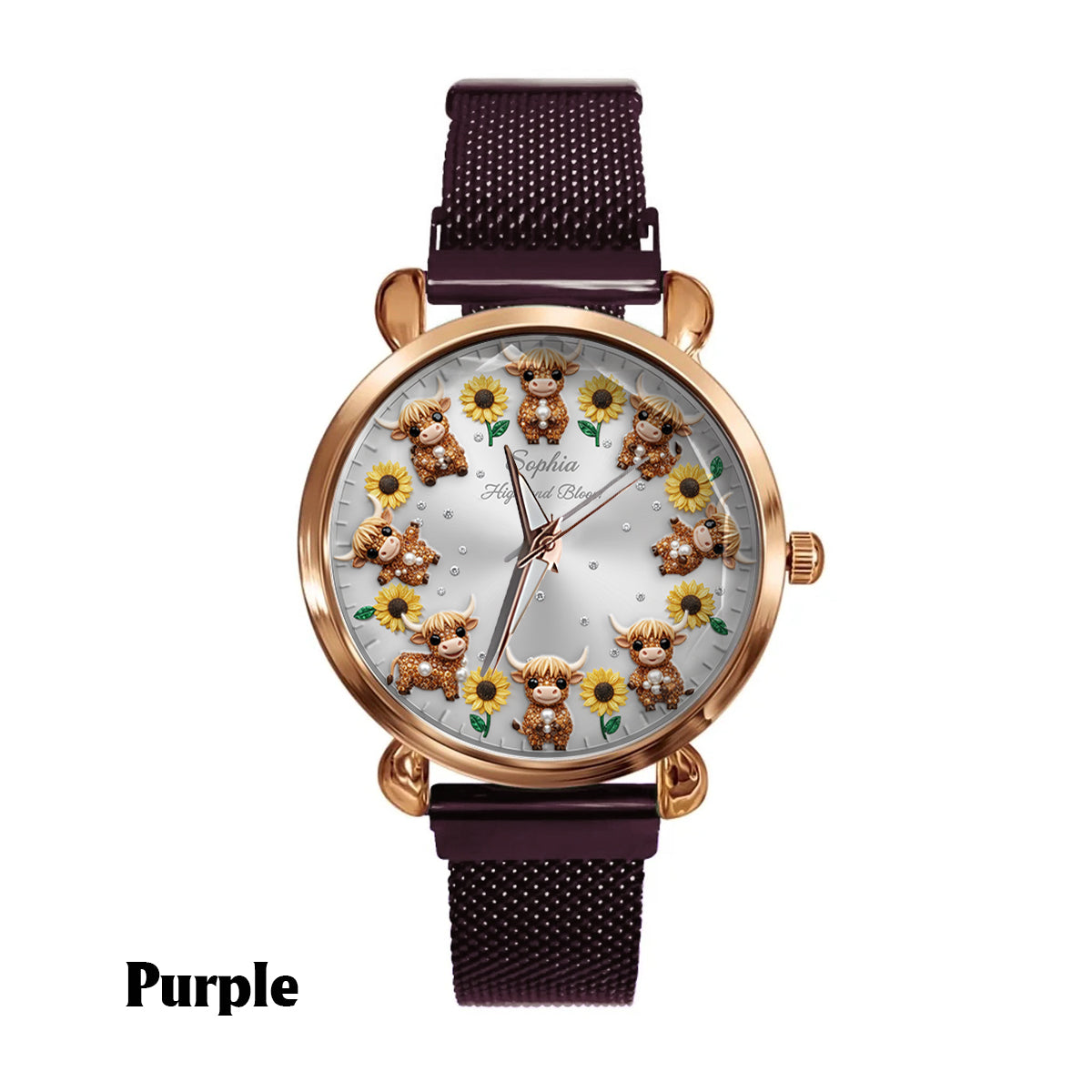 Tournesol et Vache - Montre-bracelet personnalisée pour femme - Vache des Highlands