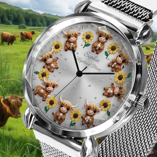 Tournesol et Vache - Montre-bracelet personnalisée pour femme - Vache des Highlands