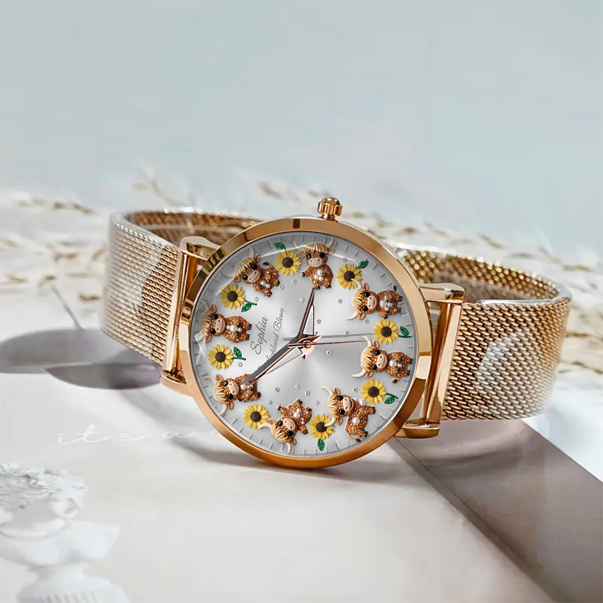 Tournesol et Vache - Montre-bracelet personnalisée pour femme - Vache des Highlands