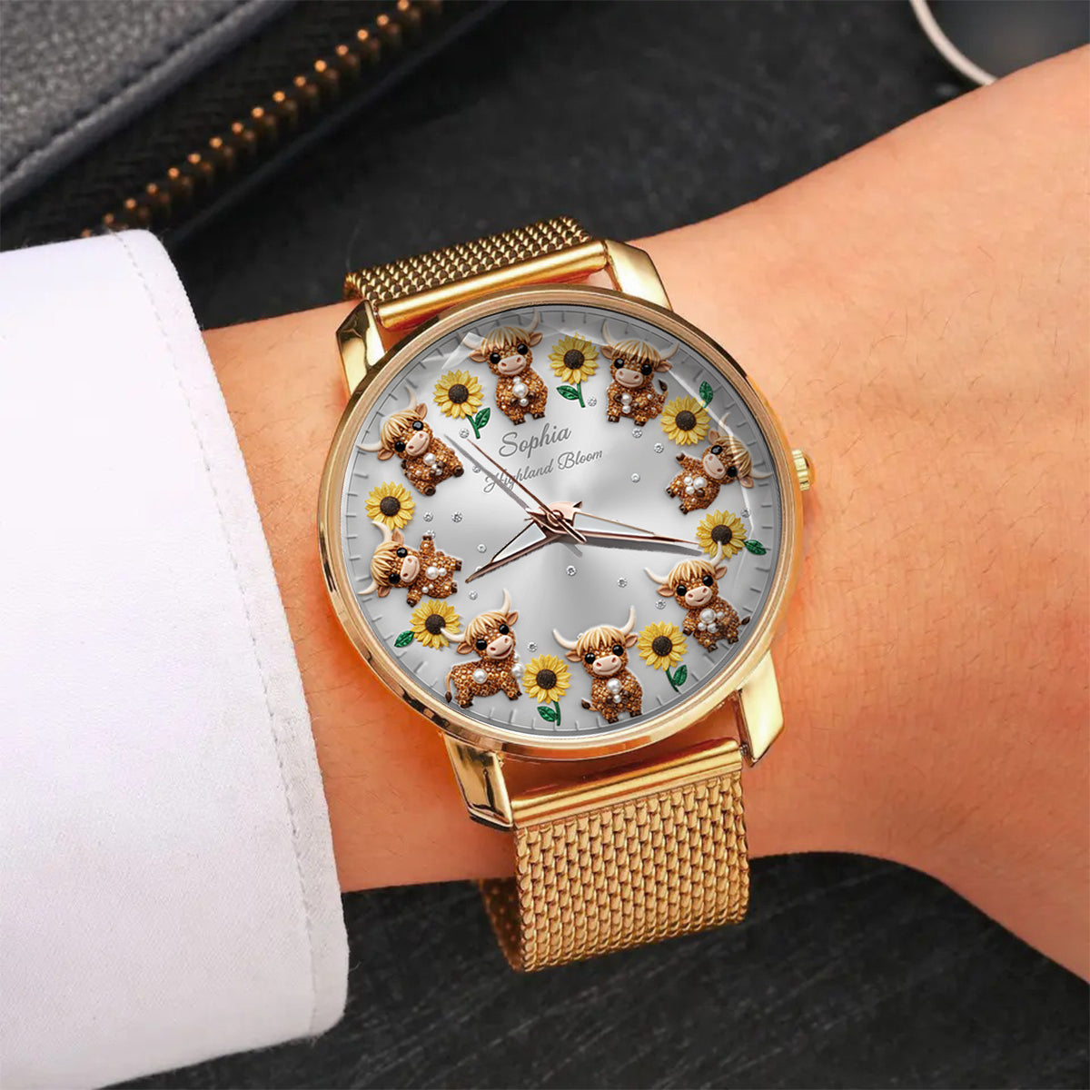 Tournesol et Vache - Montre-bracelet personnalisée pour femme - Vache des Highlands
