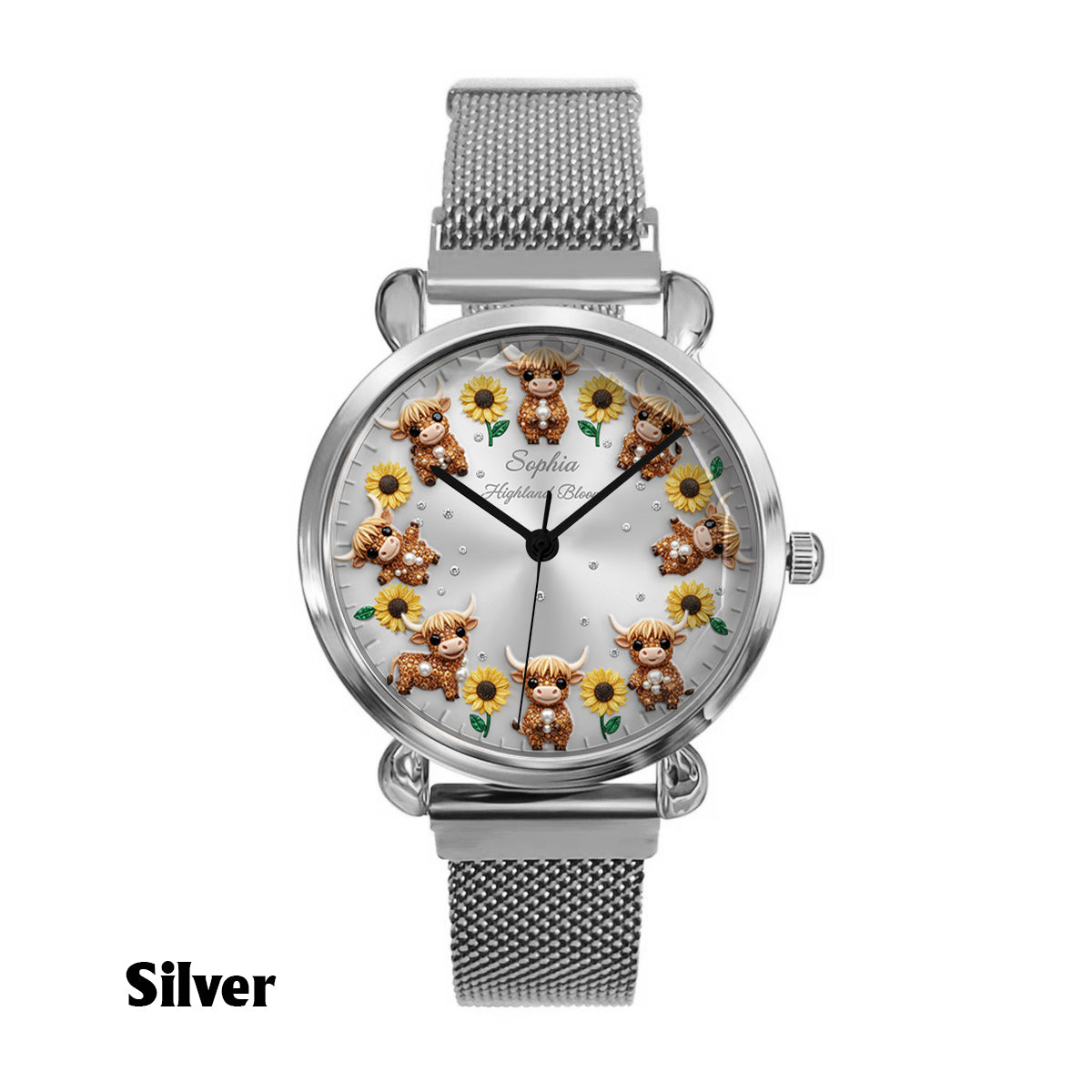 Tournesol et Vache - Montre-bracelet personnalisée pour femme - Vache des Highlands