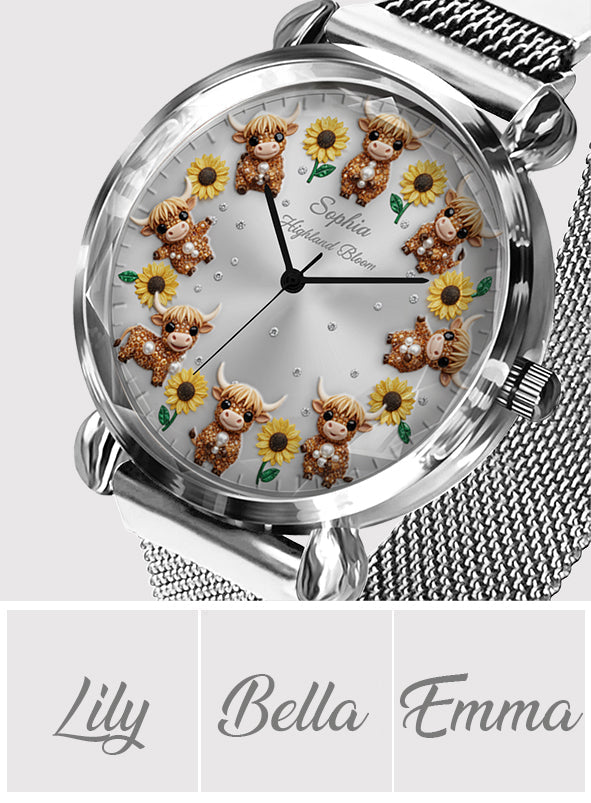 Tournesol et Vache - Montre-bracelet personnalisée pour femme - Vache des Highlands