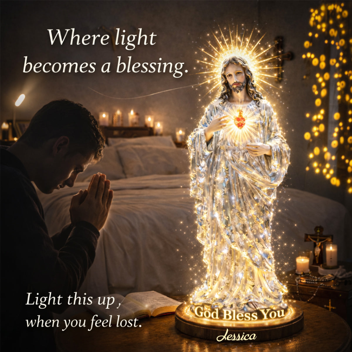 Sacré-Cœur de Jésus, que Dieu vous bénisse - Veilleuse LED chrétienne personnalisée en acrylique