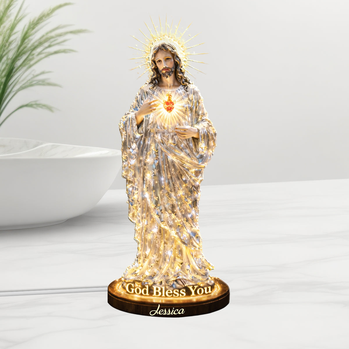 Sacré-Cœur de Jésus, que Dieu vous bénisse - Veilleuse LED chrétienne personnalisée en acrylique