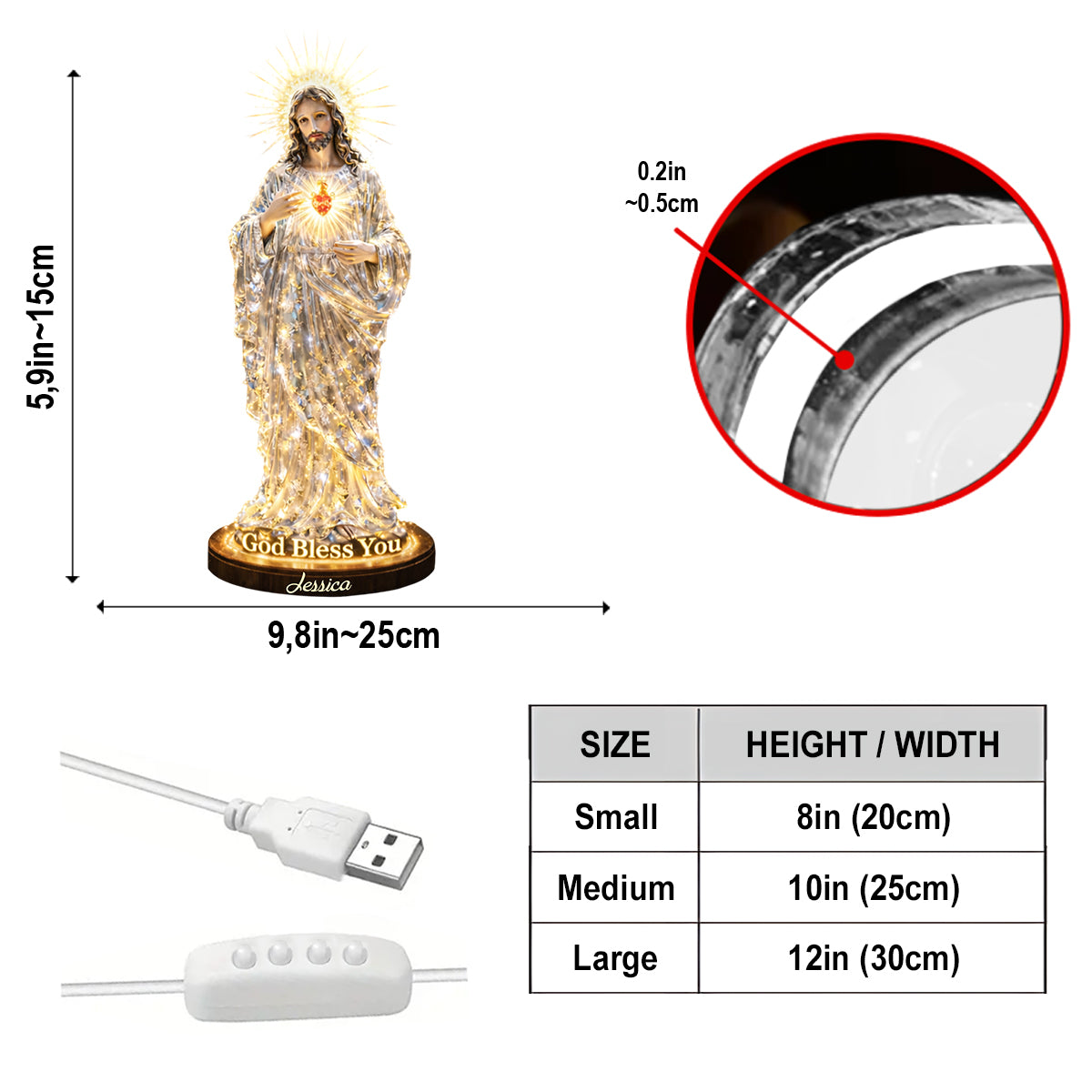Sacré-Cœur de Jésus, que Dieu vous bénisse - Veilleuse LED chrétienne personnalisée en acrylique