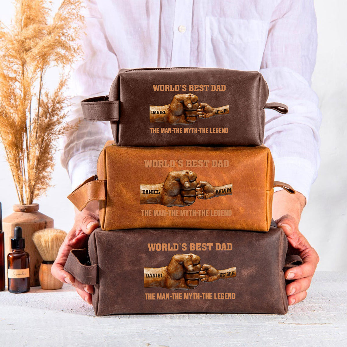 World's Best Dad - Personalized Father Leather Toiletry Bag