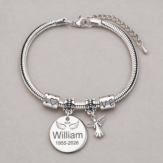 Personalized Angel Wing Memorial Charm Bracelet, Custom Name & Date Sympathy Gift