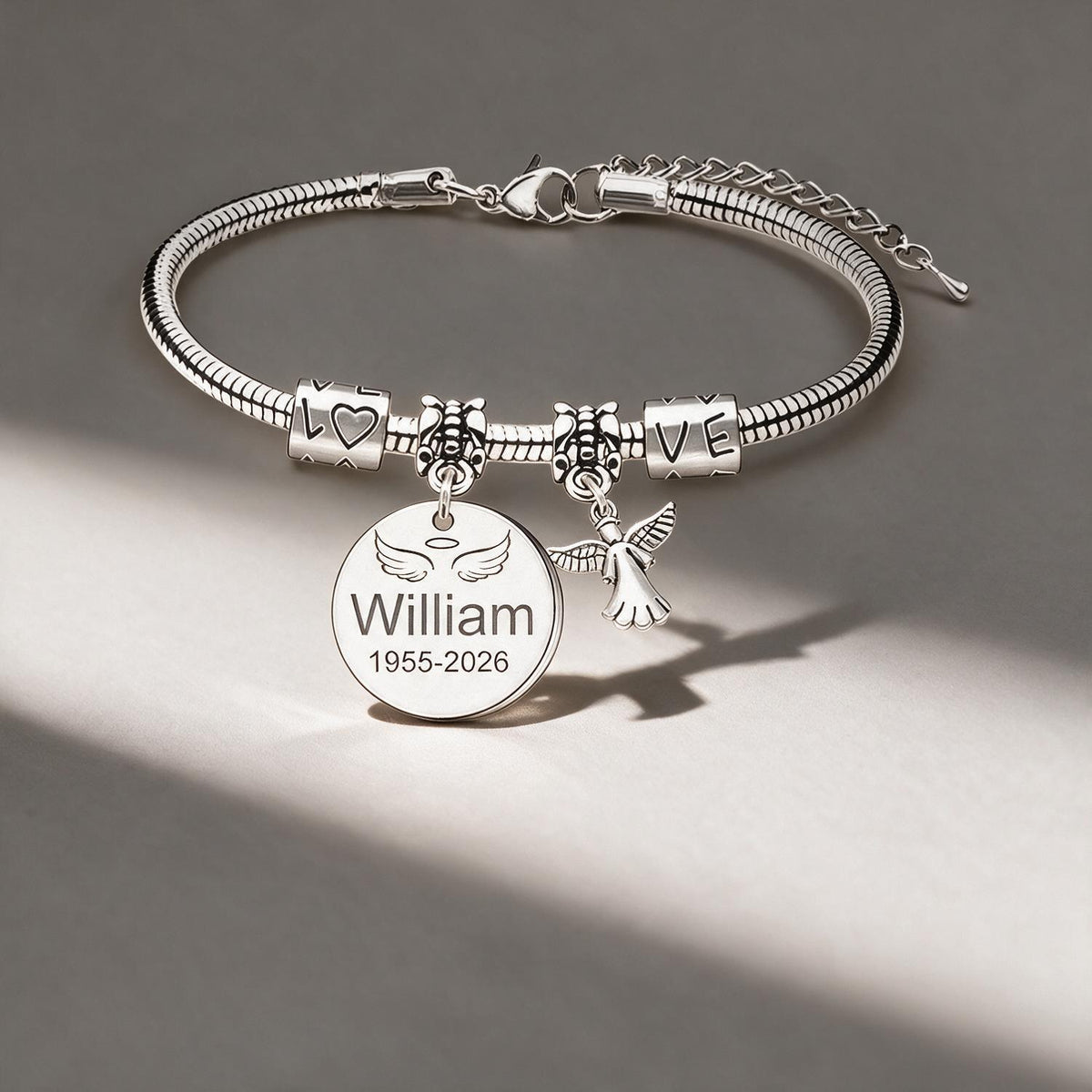 Personalized Angel Wing Memorial Charm Bracelet, Custom Name & Date Sympathy Gift