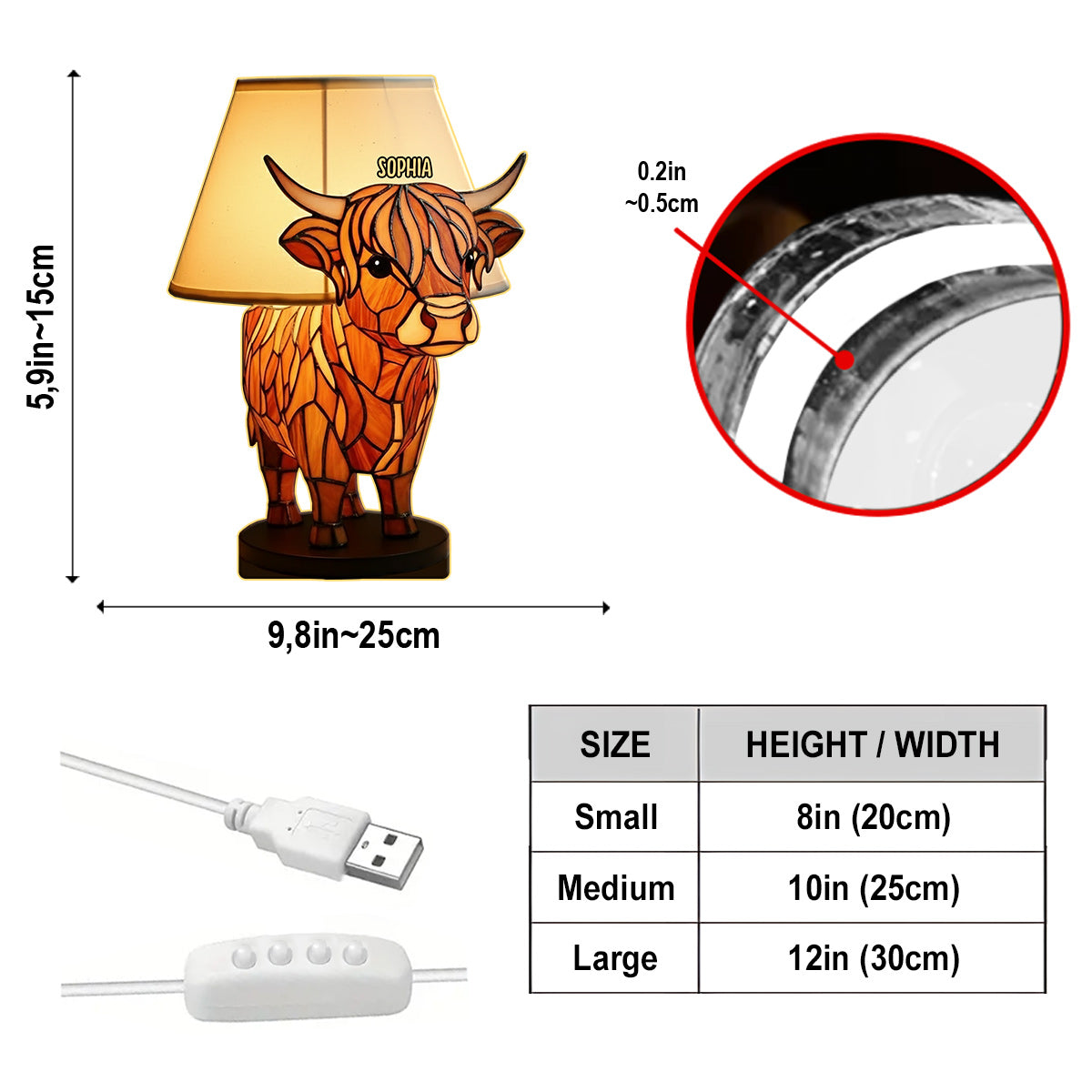 Lampe de table Vache des Highlands mignonne - Veilleuse LED acrylique personnalisée en forme de vache des Highlands
