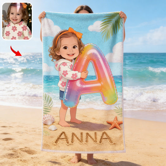 Kid Initial Custom From Any Photo - Personalized Kid Quick-dry Beach Towel/ Bath Towel