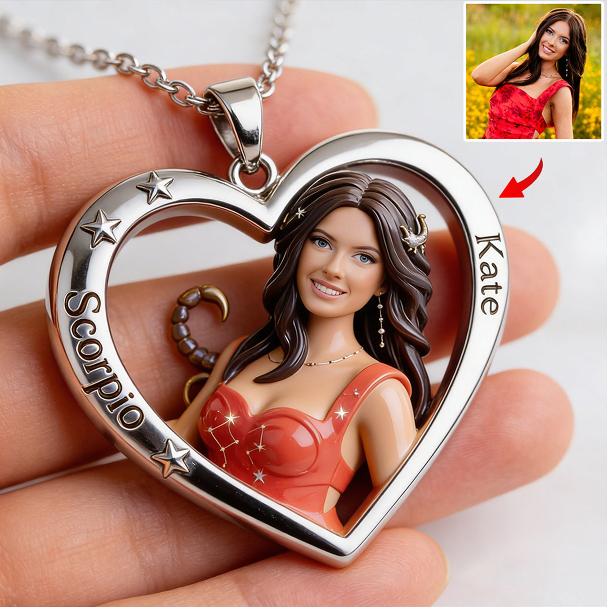 Any Photo Zodiac Sign - Personalized Horoscope Shaped Metal Pendant Necklace