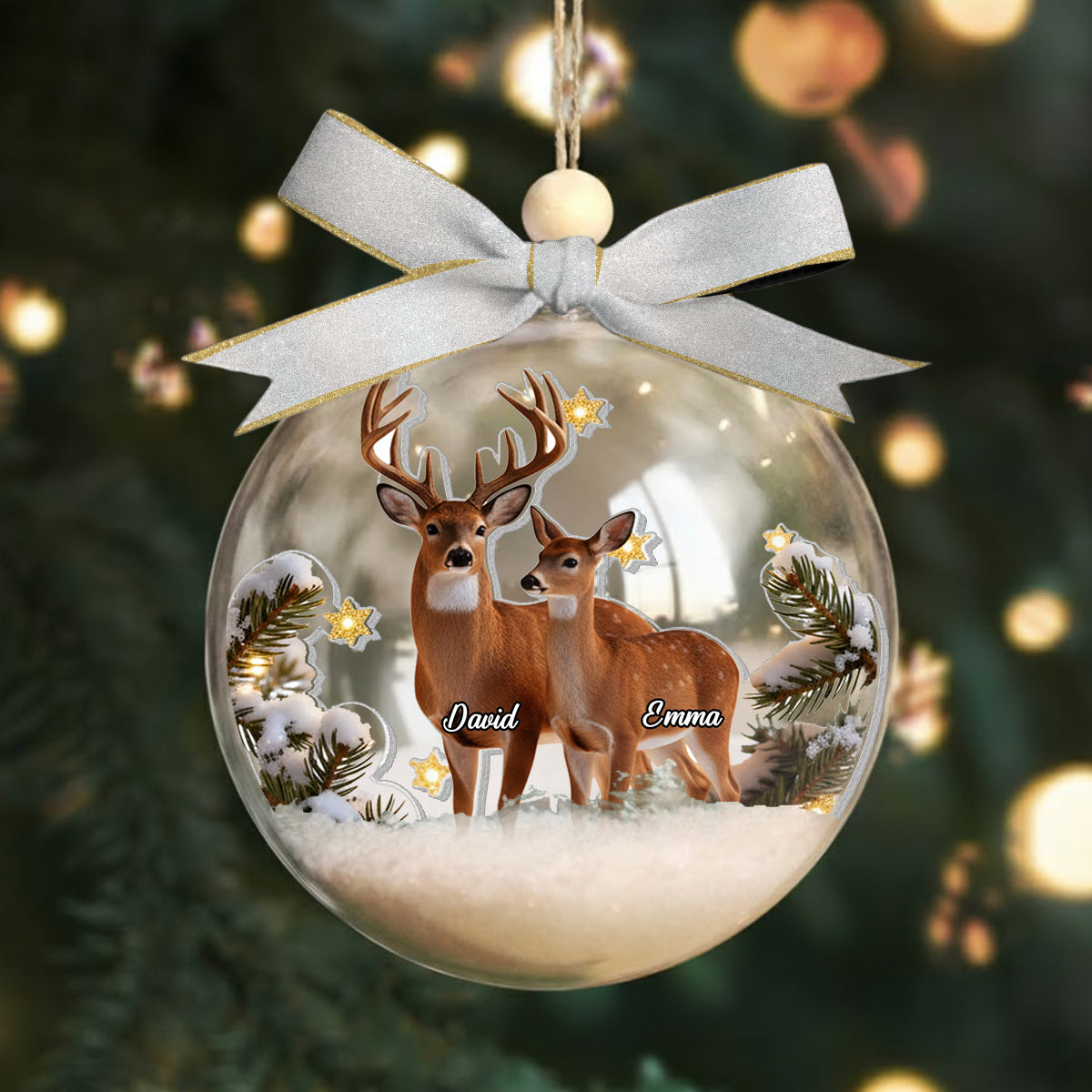 Couple Gifts Buck And Doe - Personalized Couple Snow Globe Ornament With Bow