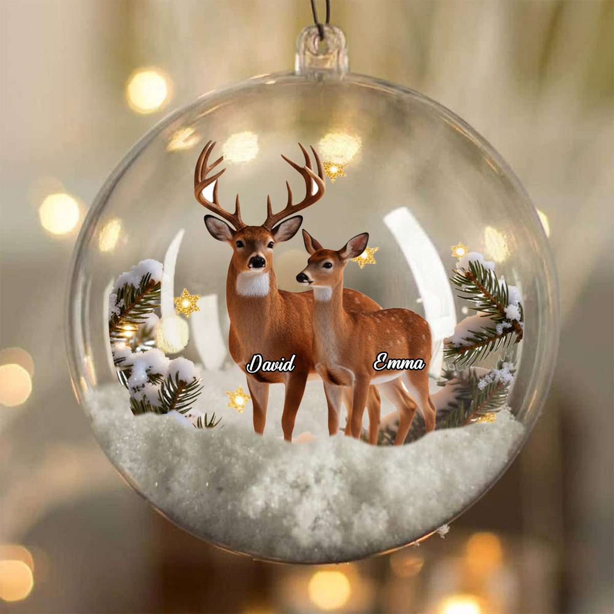 Couple Gifts Buck And Doe - Personalized Couple Snow Globe Ornament With Bow