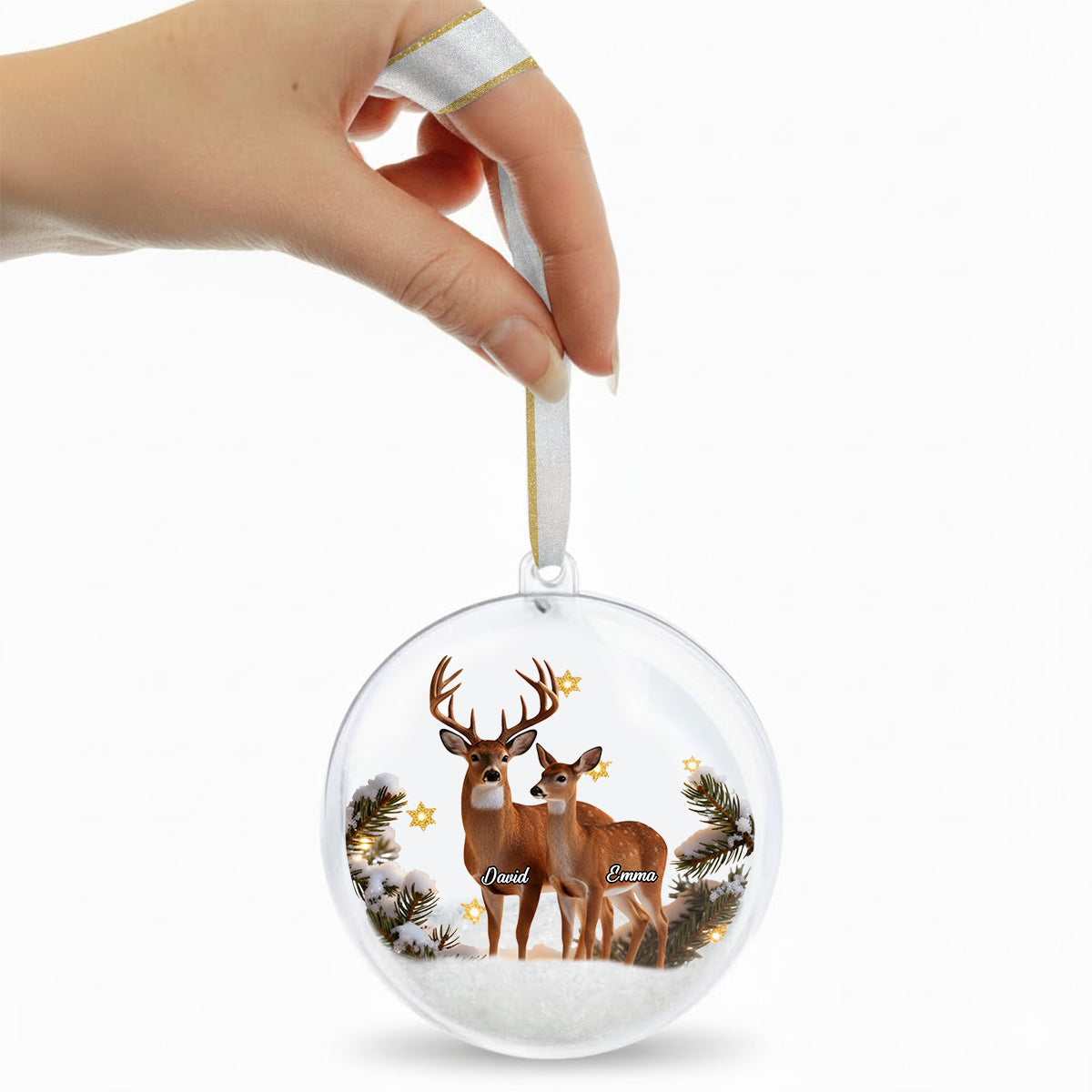 Couple Gifts Buck And Doe - Personalized Couple Snow Globe Ornament With Bow
