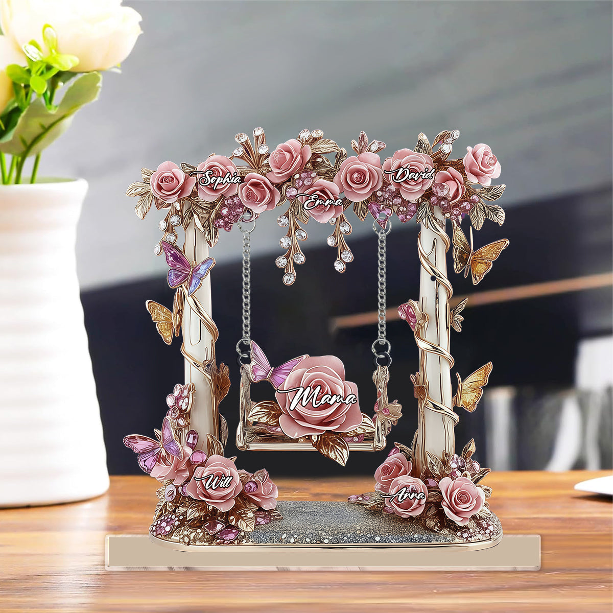 Plaque personnalisée « Maman Grand-mère Balançoire Fleurie Jardin » avec breloque
