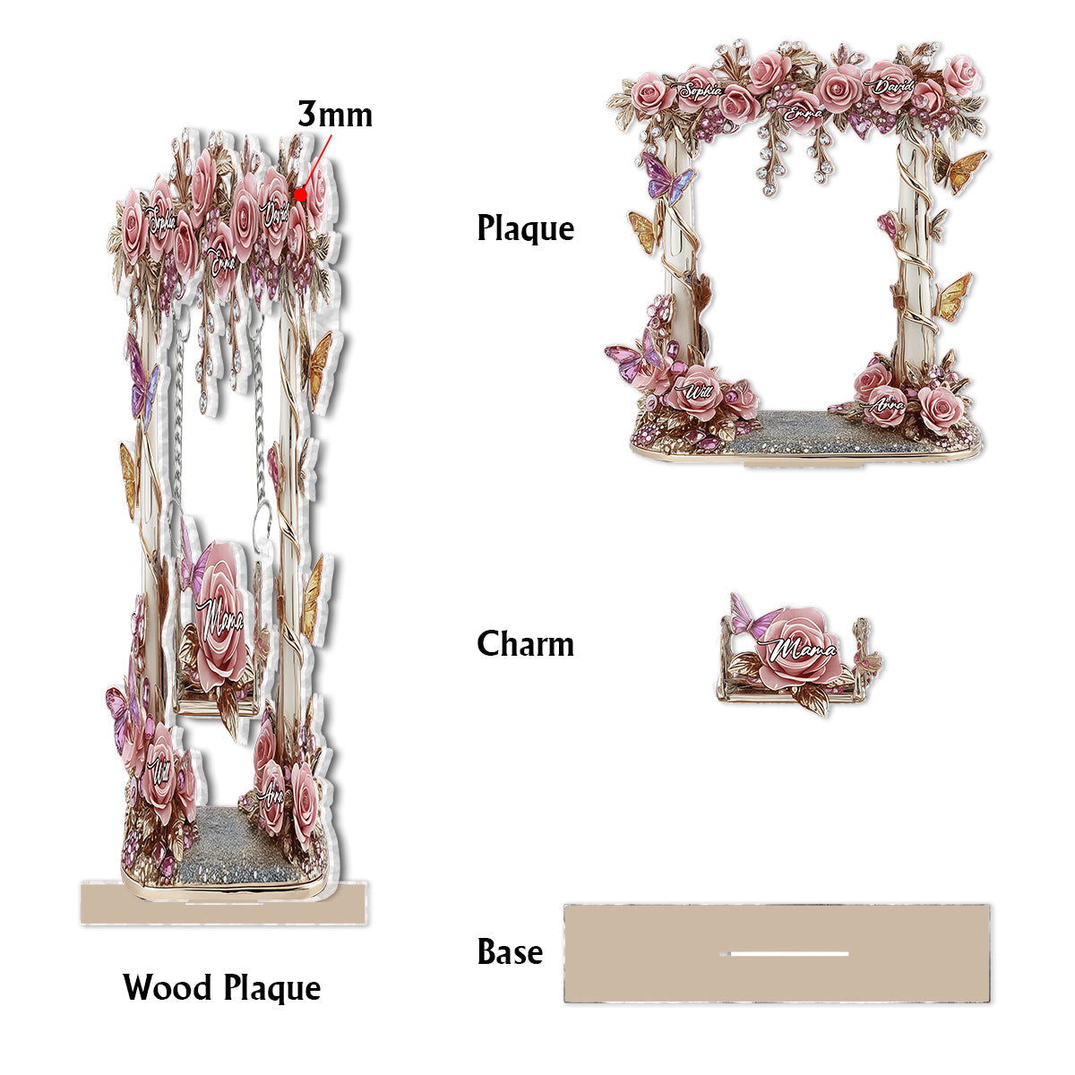 Plaque personnalisée « Maman Grand-mère Balançoire Fleurie Jardin » avec breloque