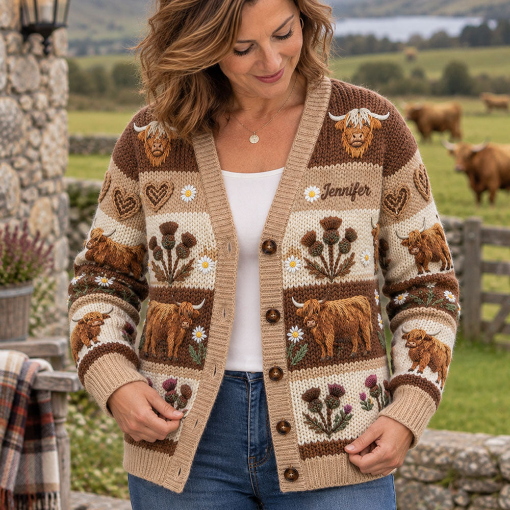 Vie à la ferme - Cardigan personnalisé vache des Highlands