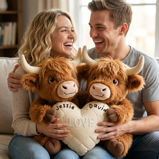 Cadeau idéal pour un couple : coussin personnalisé en fausse fourrure en forme de vache des Highlands