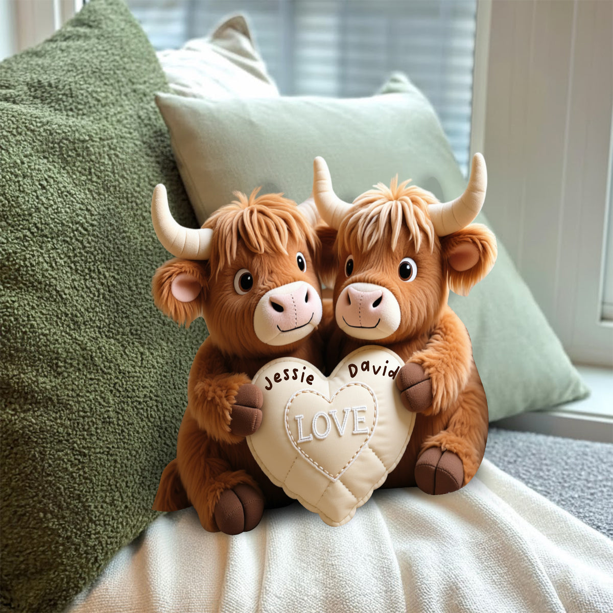 Cadeau idéal pour un couple : coussin personnalisé en fausse fourrure en forme de vache des Highlands