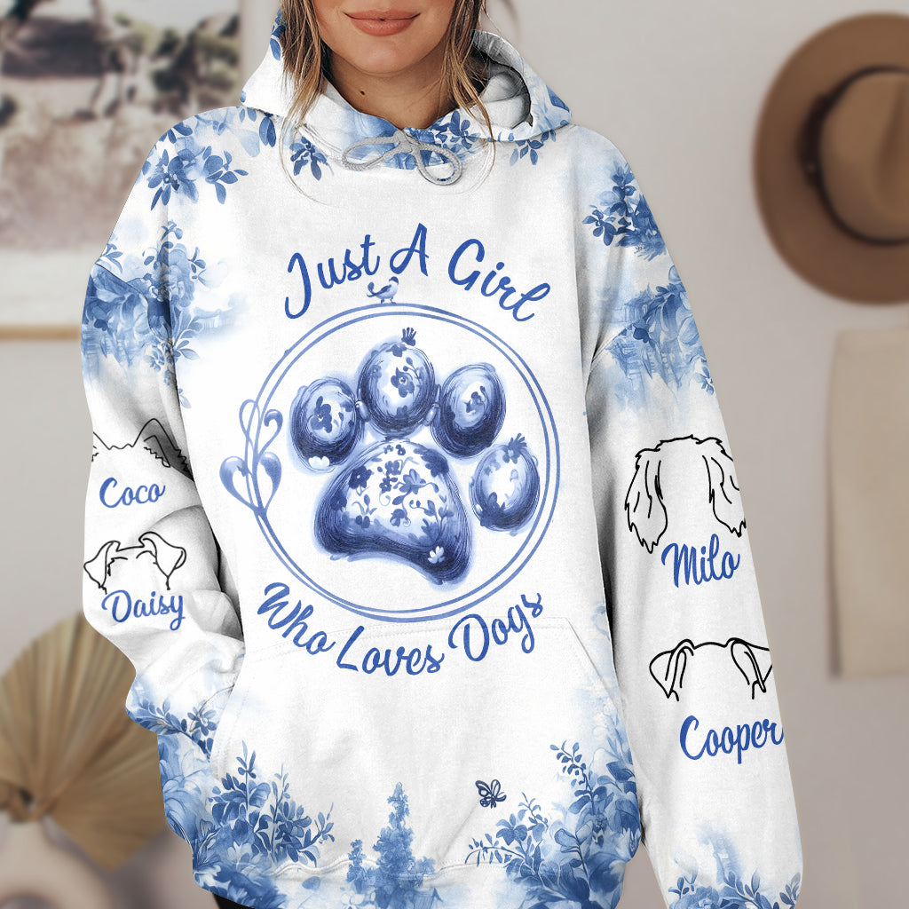 T-shirt personnalisé « Juste une fille qui aime les chiens » avec un motif de chien.
