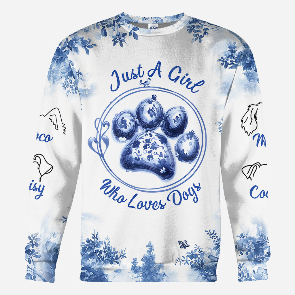 T-shirt personnalisé « Juste une fille qui aime les chiens » avec un motif de chien.