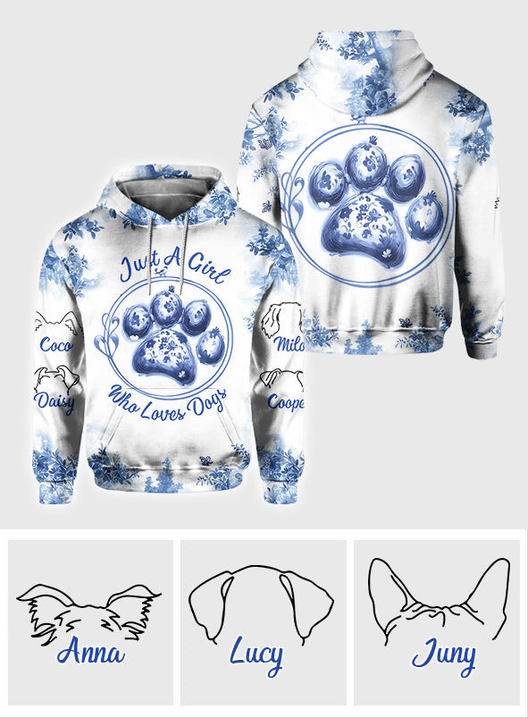 T-shirt personnalisé « Juste une fille qui aime les chiens » avec un motif de chien.