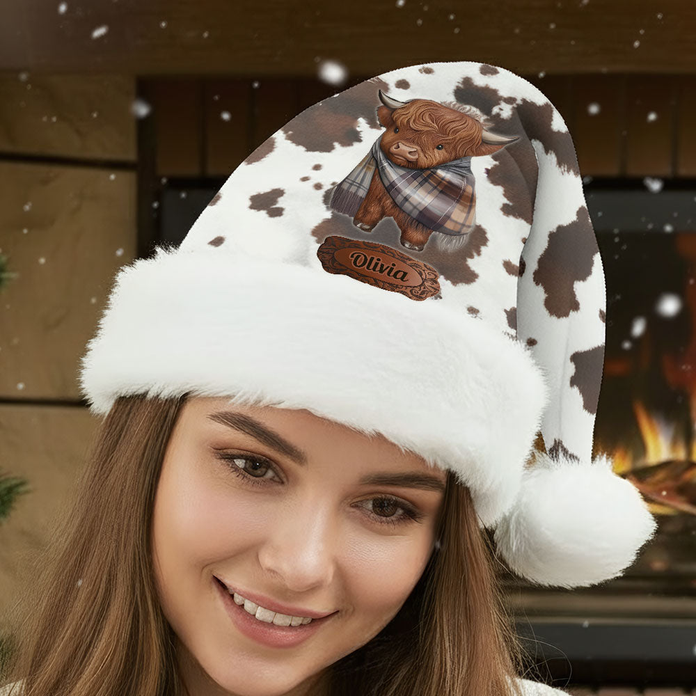 J'adore les vaches Highland - Chapeau de Père Noël personnalisé avec une vache Highland