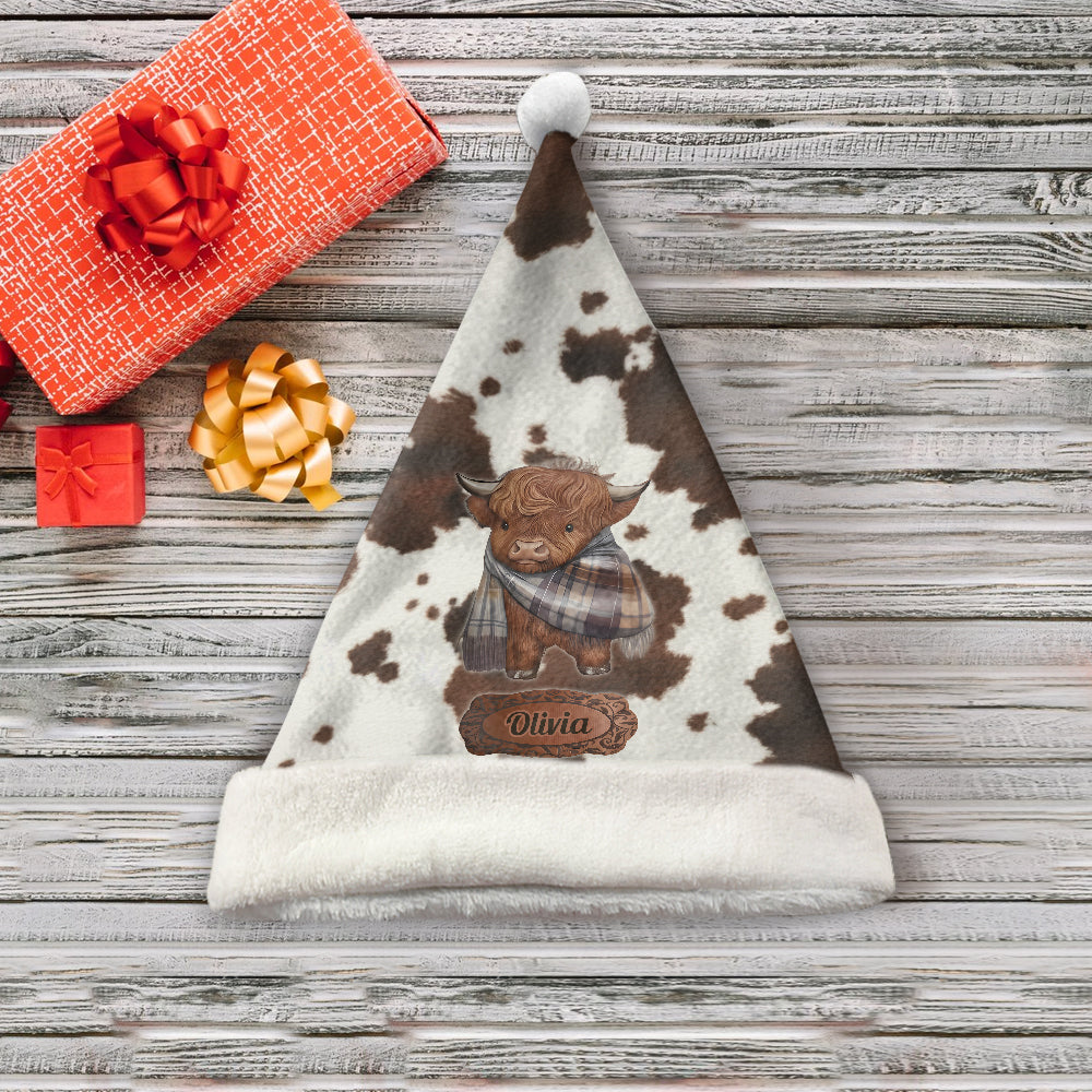 J'adore les vaches Highland - Chapeau de Père Noël personnalisé avec une vache Highland