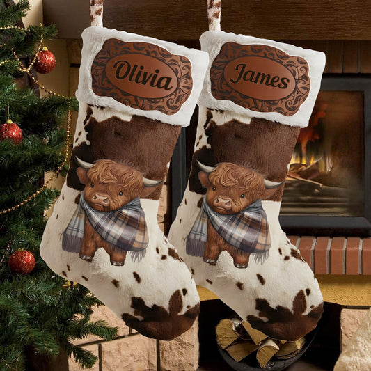 Merry Christmas - Personalized Highland Cow Shaped Christmas Stocking