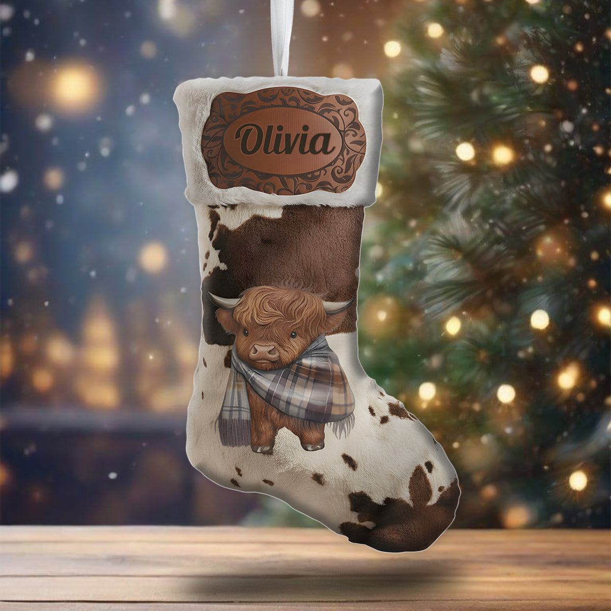 Joyeux Noël - Chaussette de Noël personnalisée en forme de vache des Highlands