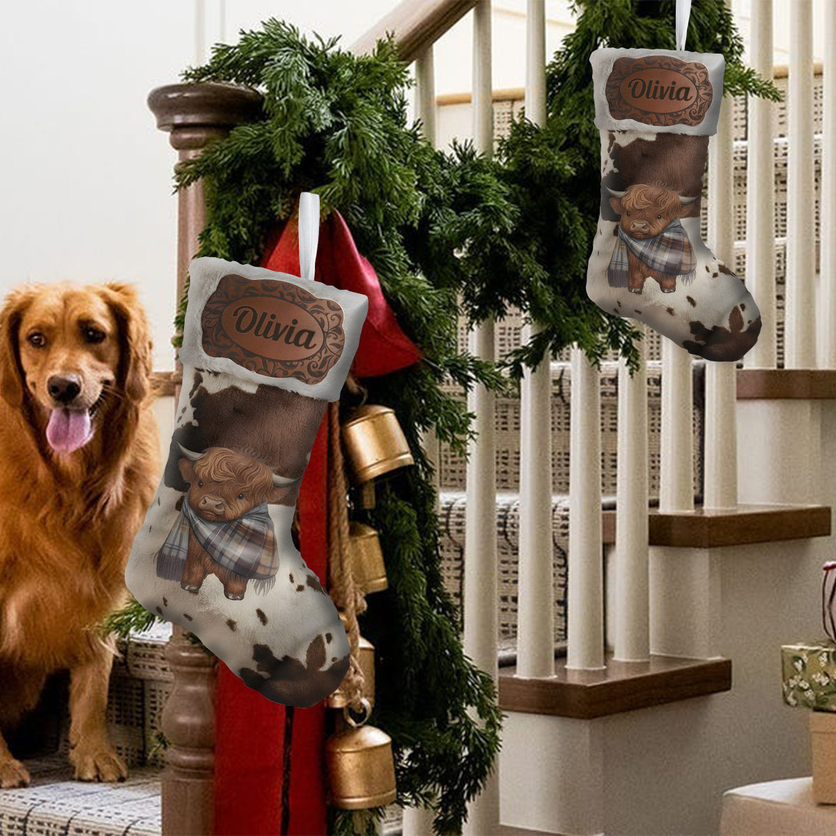 Joyeux Noël - Chaussette de Noël personnalisée en forme de vache des Highlands